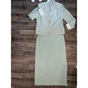 St John Evening Women's Pale Mint Green Beaded Jacket Skirt Set Size 14/16/large